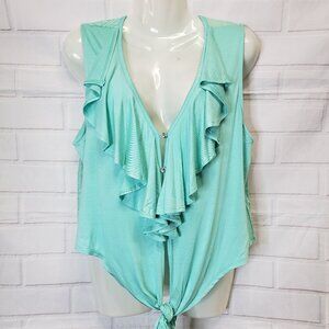 Flirty NEW Teal Blue Ruffle V Neck Crop Top womens Plus 1XL Sleeveless Blouse